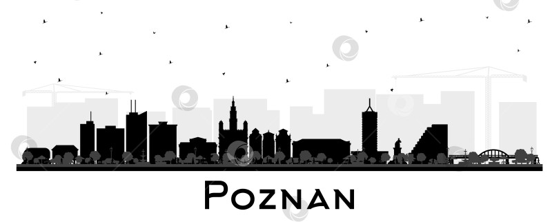 Скачать Познань, Польша Силуэт города на горизонте с черными зданиями, выделенными на белом фоне. Городской пейзаж Познани с достопримечательностями. Концепция деловых поездок и туризма с исторической архитектурой. фотосток Ozero