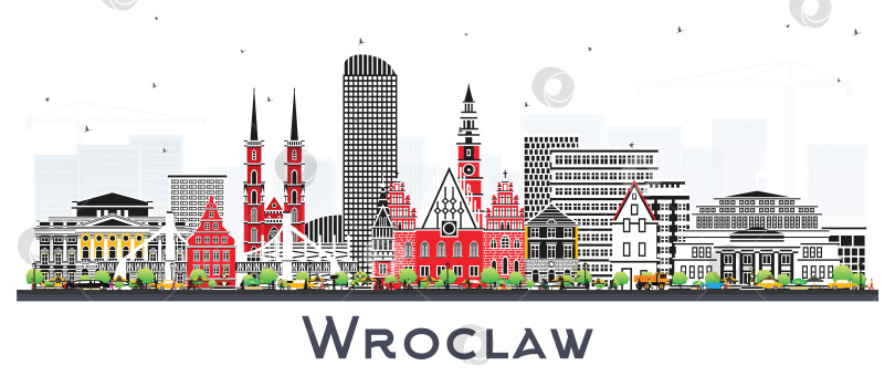 Скачать Городской пейзаж Вроцлава, Польша, с цветными зданиями, выделенными на белом фоне. Городской пейзаж Вроцлава с достопримечательностями. Концепция деловых поездок и туризма с исторической архитектурой. фотосток Ozero