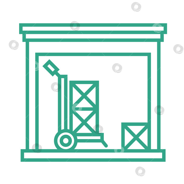 Скачать Небольшой склад с коробками и тележкой для посылок. Значок контура, выделенный на белом фоне. Часть цепочки поставок. фотосток Ozero