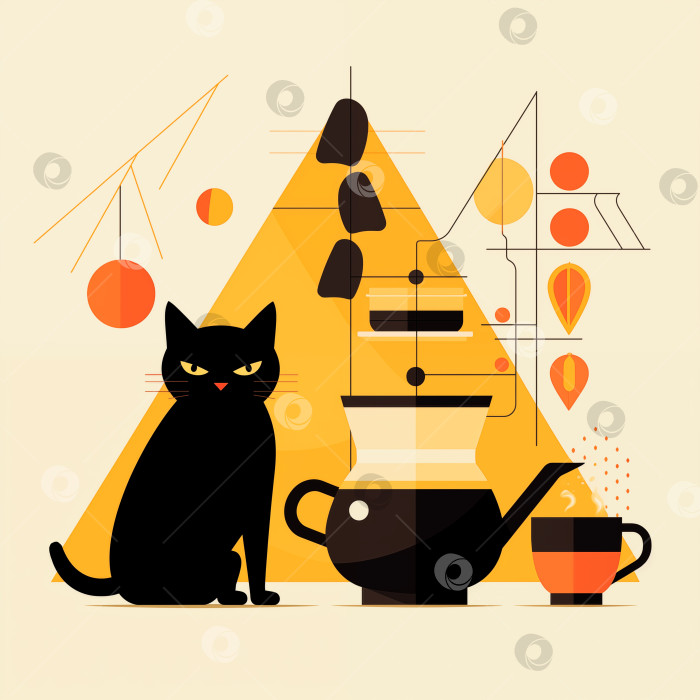 Скачать Иллюстрация с изображением черного серьезного кота, кофейной чашки, кофейника фотосток Ozero