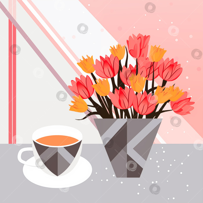 Скачать Чашка чая и букет тюльпанов на розово-сером фоне фотосток Ozero