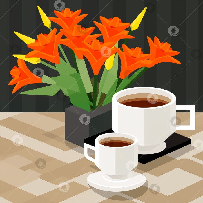 Скачать Кофейная чашка и букет оранжевых тюльпанов на черном фоне фотосток Ozero