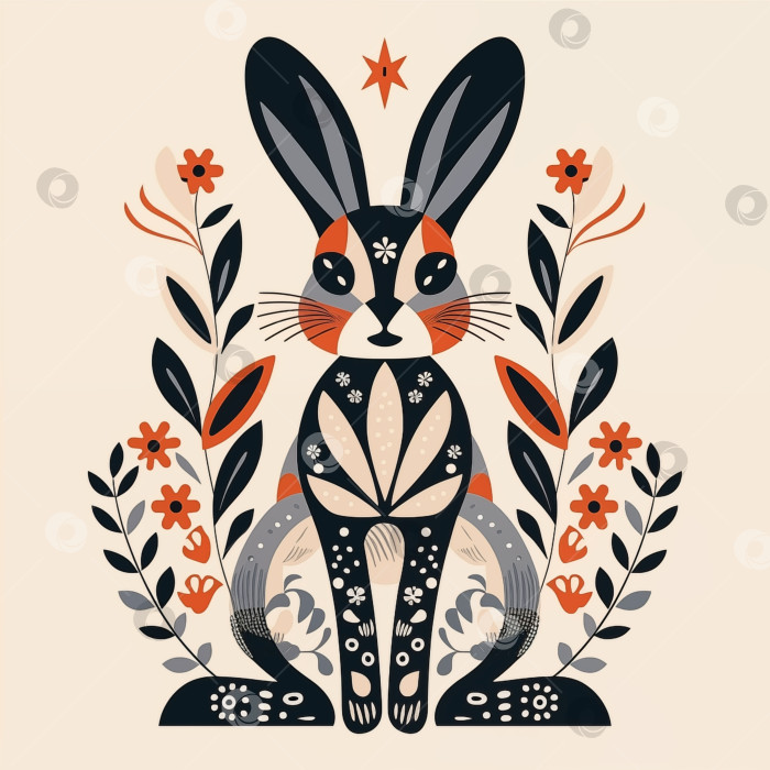 Скачать Милый кролик с оранжевыми цветами и листьями фотосток Ozero