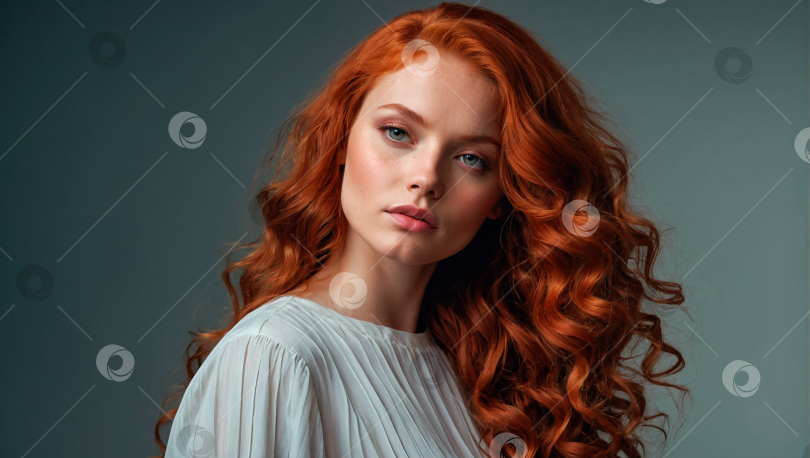 Скачать Яркая, потрясающая девушка, с рыжими волосами, стрижка, на однотонном фоне фотосток Ozero