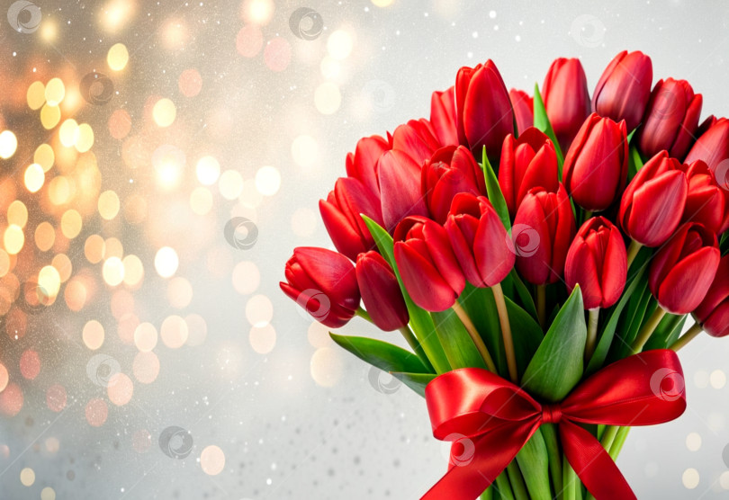 Скачать Свежий пышный букет красных тюльпанов с красной атласной лентой на размытом светлом фоне с эффектом боке для постера фотосток Ozero