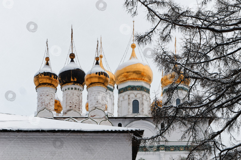 Скачать Золотые купола православного Храма, покрытые снегом. фотосток Ozero