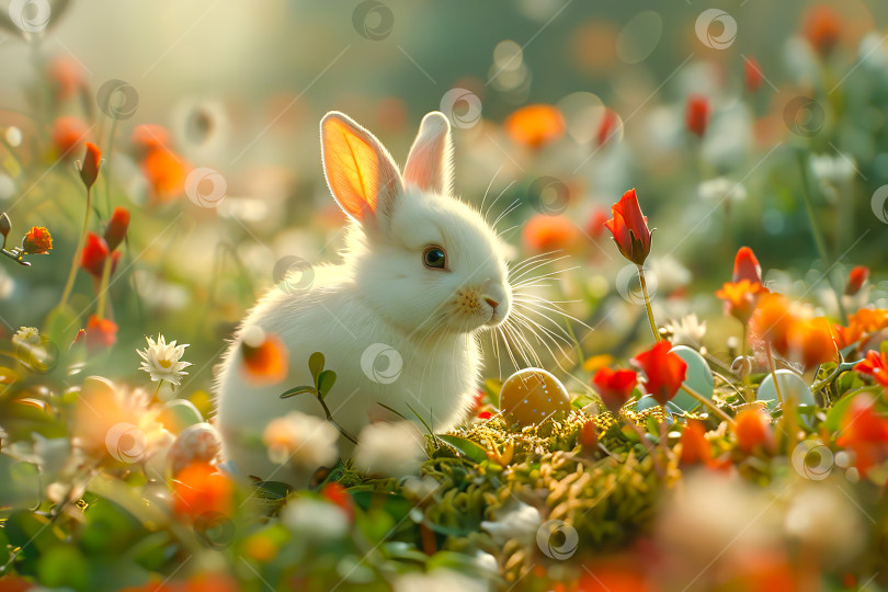 Скачать Милый кролик в окружении разноцветных пасхальных яиц в сказочном весеннем лесу утром. Искусственный интеллект сгенерирован. фотосток Ozero