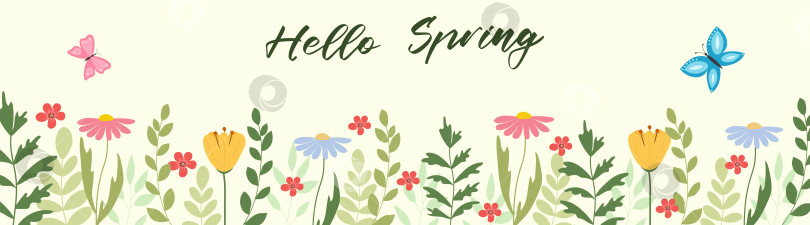 Скачать Привет, весна. Горизонтальный весенний баннер с цветами и бабочками. фотосток Ozero