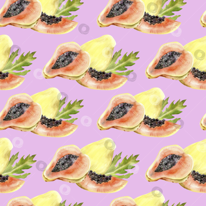 Скачать Акварельный бесшовный узор из тропических плодов папайи на розовом фоне. Иллюстрация экзотической спелой летней еды. Ломтики папайи с зелеными листьями для упаковки, этикетки, дизайна логотипа фотосток Ozero
