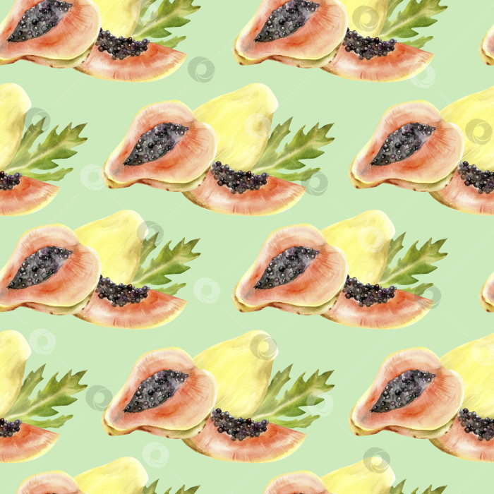 Скачать Акварельный бесшовный узор из тропических плодов папайи на зеленом фоне. Иллюстрация экзотической спелой летней еды. Ломтики папайи с зелеными листьями для упаковки, этикетки, дизайна логотипа фотосток Ozero