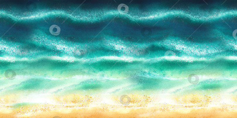 Скачать Берег моря, океан с песком и лазурными волнами, вид сверху. Акварельная иллюстрация, живопись. Для фона, оформления и дизайна плакатов, открыток, баннеров, принтов, декора. Бесшовная рамка фотосток Ozero