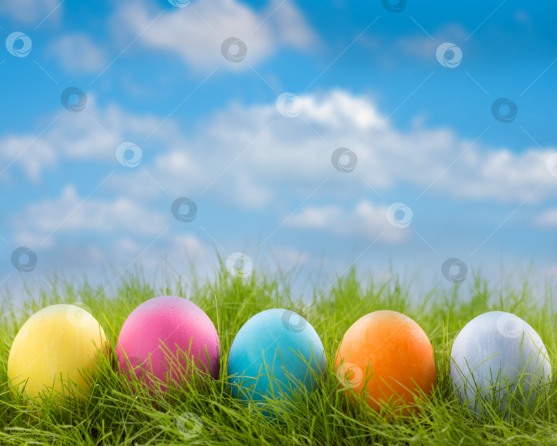 Скачать Ряд пасхальных яиц в траве фотосток Ozero