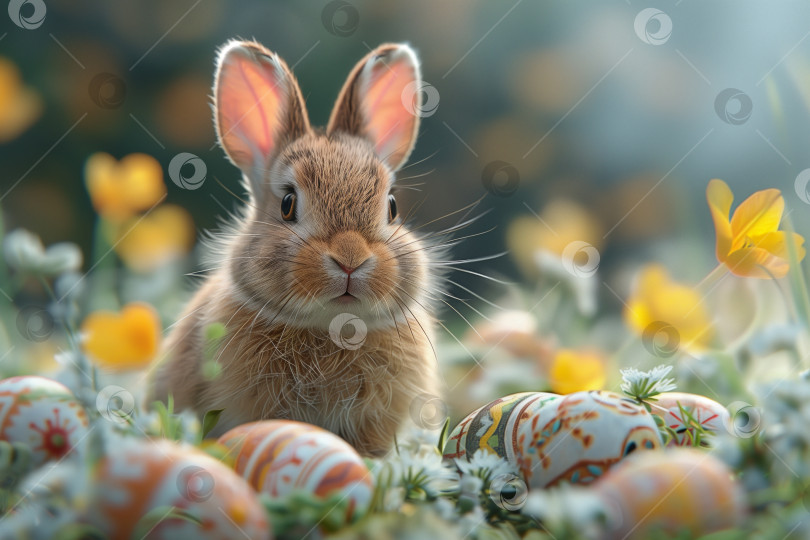Скачать пасхальная открытка, милый кролик среди пасхальных яиц фотосток Ozero
