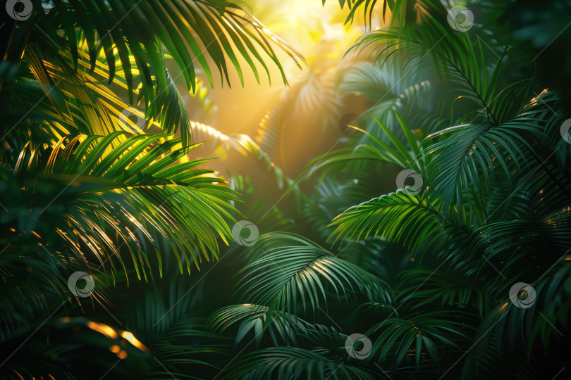 Скачать зеленые пальмовые листья в тропическом лесу на закате, естественный фон и текстура фотосток Ozero