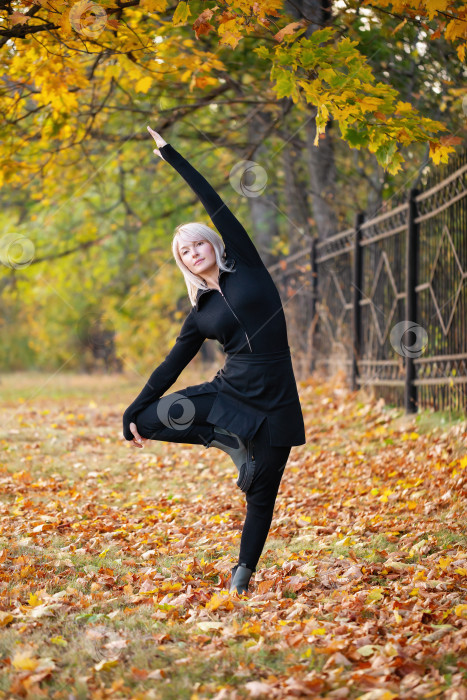 Скачать Привлекательная блондинка, выполняющая вариацию упражнения врикшасана, поза дерева, тренирующаяся в одиночестве в повседневной одежде осенним днем в парке, стоя на опавших листьях фотосток Ozero