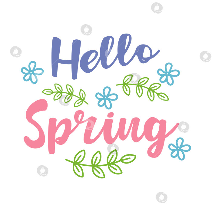 Скачать Баннер "Привет весне", весенний сезон, поздравительная надпись с цветами и зелеными листьями на белом фоне. фотосток Ozero