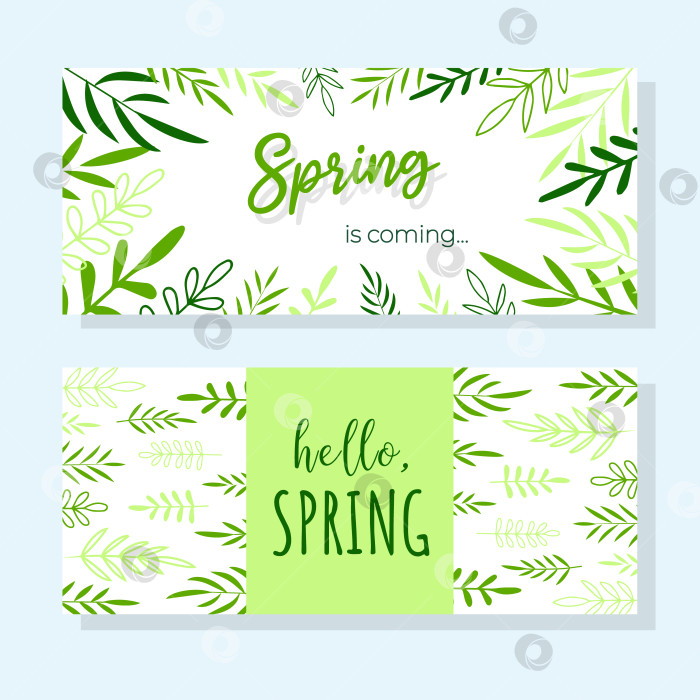 Скачать Набор горизонтальных баннеров spring close и hello spring. Нарисованные руками листья в стиле каракули. фотосток Ozero