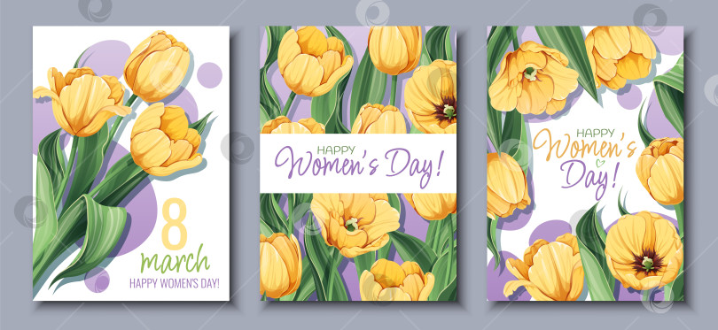 Скачать Набор поздравительных открыток к Международному женскому дню. Плакат с желтыми тюльпанами к 8 марта. Векторный шаблон с весенним букетом фотосток Ozero