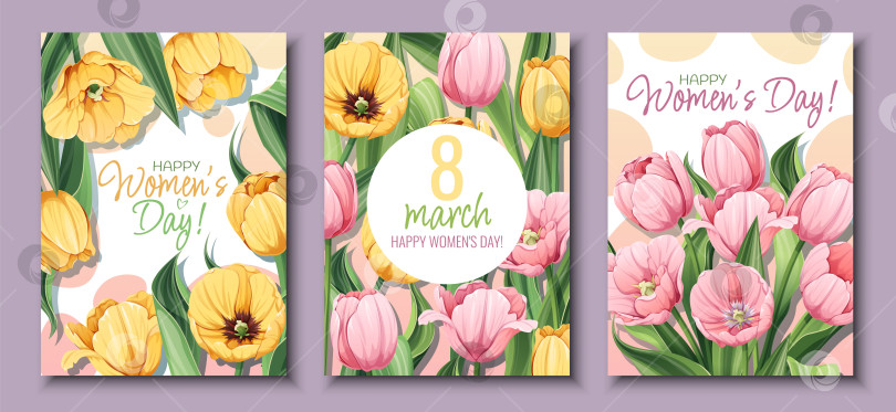 Скачать Набор поздравительных открыток к Международному женскому дню. Плакат с желтыми и розовыми тюльпанами к 8 марта. Векторный шаблон с весенним букетом фотосток Ozero