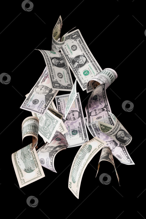 Скачать Долларовые банкноты, летящие по черному фотосток Ozero