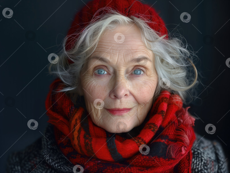 Скачать Портрет пожилой женщины в красной шляпе и шарфе на темном фоне фотосток Ozero