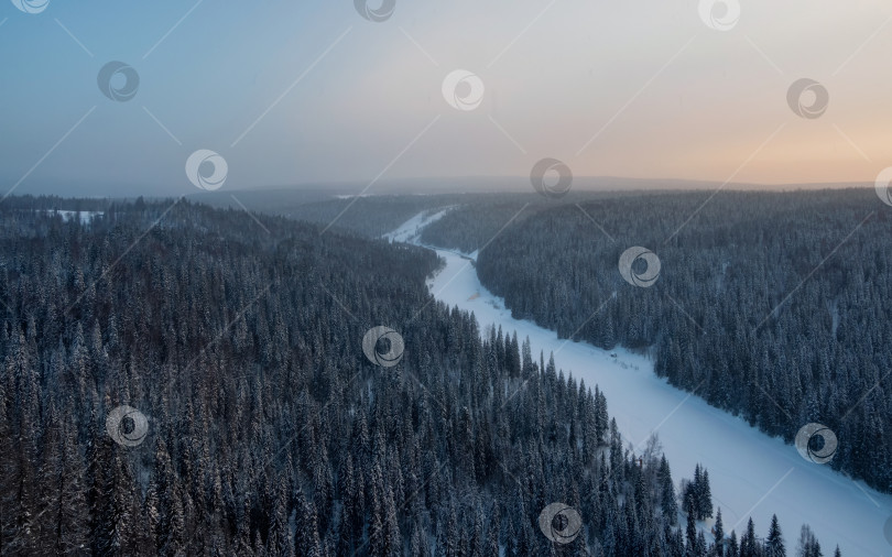 Скачать заснеженный хвойный лес и снежная река под утренним морозным туманом фотосток Ozero