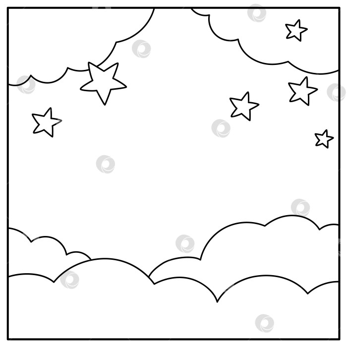Скачать Векторный черно-белый абстрактный фон с облаками и звездами. Волшебная или фэнтезийная сцена мировой линии. Милый сказочный квадратный природный пейзаж или раскраска. Иллюстрация ночного неба для детей фотосток Ozero