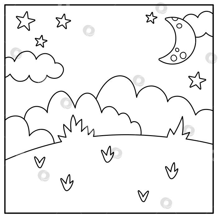 Скачать Векторный черно-белый абстрактный фон с облаками, звездами, полумесяцем. Волшебная или фэнтезийная сцена мировой линии. Милый сказочный квадратный природный пейзаж или раскраска. Иллюстрация ночного неба для детей фотосток Ozero