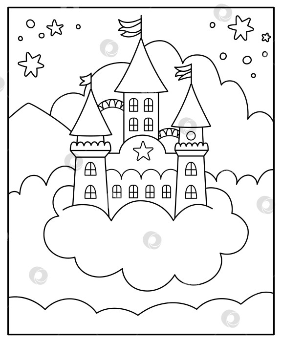 Скачать Векторный черно-белый абстрактный фон с замком единорога, облаком, звездой. Волшебная или фэнтезийная мировая линейная сцена с местом для текста. Милый сказочный вертикальный природный пейзаж или раскраска для детей фотосток Ozero