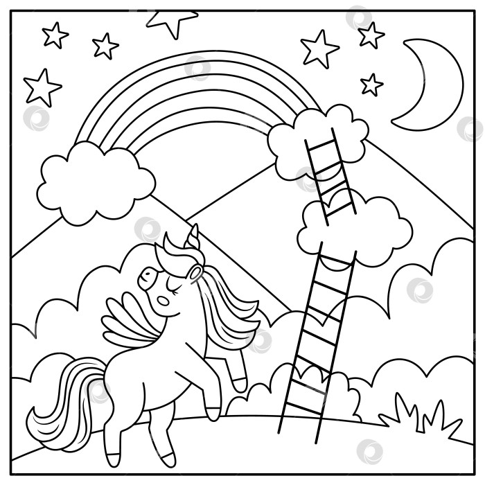 Скачать Векторный черно-белый квадратный фон с единорогом и лестницами от облаков к радуге. Волшебная или фэнтезийная сцена мировой линии. Раскраска сказочного пейзажа. Иллюстрация милой лошади для детей фотосток Ozero
