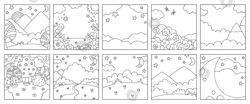 Скачать Векторный набор черно-белых абстрактных фонов с облаками, звездами, луной, садом, полем, волшебным лесом. Коллекция сюжетов из мира фантазий. Сказочные квадратные природные пейзажи, раскраски фотосток Ozero