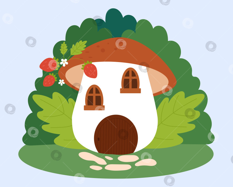 Скачать Сказочный грибной домик. Грибной домик с клубникой и цветами. фотосток Ozero