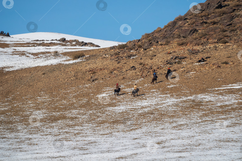 Скачать Всадники на лошадях скачут в гору, вид сзади. фотосток Ozero