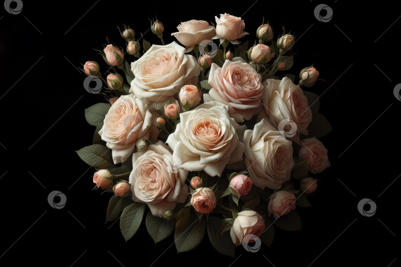 Скачать Красивые розовые цветы, розы на черном фоне, светло-розовый букет, темный фон, день Святого Валентина, универсальная открытка. фотосток Ozero