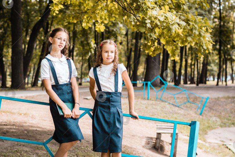 Скачать Два ученика в школьной форме стоят у забора в парке теплым днем фотосток Ozero