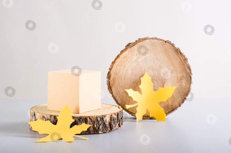 Скачать Осеннее украшение. Куб на срезе дерева и бумажные кленовые листья на светлом фоне фотосток Ozero