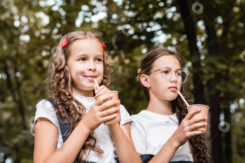 Скачать Два ученика пьют напиток из экологически чистых чашек и соломинок в парке теплым днем фотосток Ozero