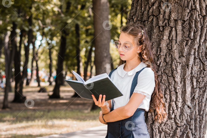 Скачать Школьница в очках читает книгу возле дерева в парке. фотосток Ozero