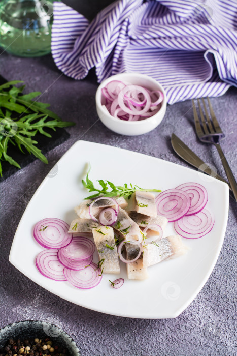 Скачать Нарезанная соленая сельдь в масле с луком и укропом на тарелке. Простая закуска. Вид сверху фотосток Ozero