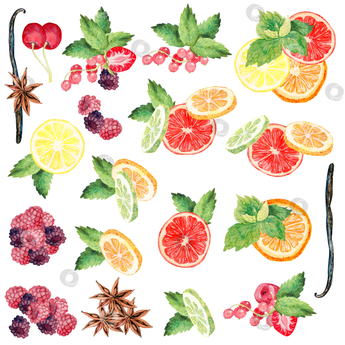 Скачать набор отдельных элементов на белом фоне, фруктовые композиции, специи, ягоды, лето фотосток Ozero