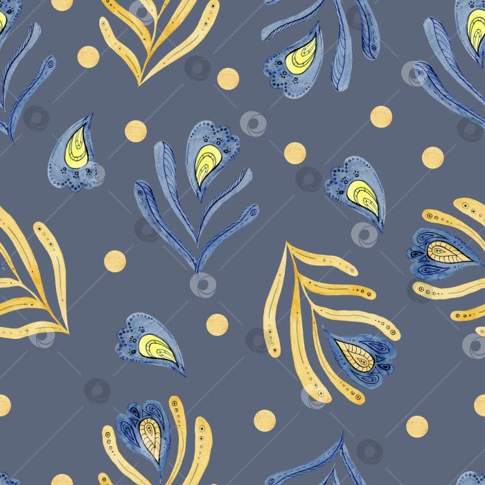 Скачать Восточный орнамент на синем фоне. бесшовный узор из желтых листьев на синем фоне фотосток Ozero