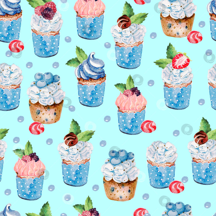 Скачать кексы, маффины, капкейки с ягодами на синем фоне. акварельный фон фотосток Ozero