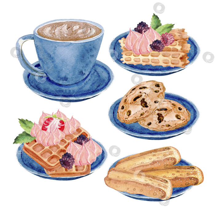 Скачать кофе и набор десертов: вафли, печенье и ягоды. Синий набор изолированных элементов фотосток Ozero