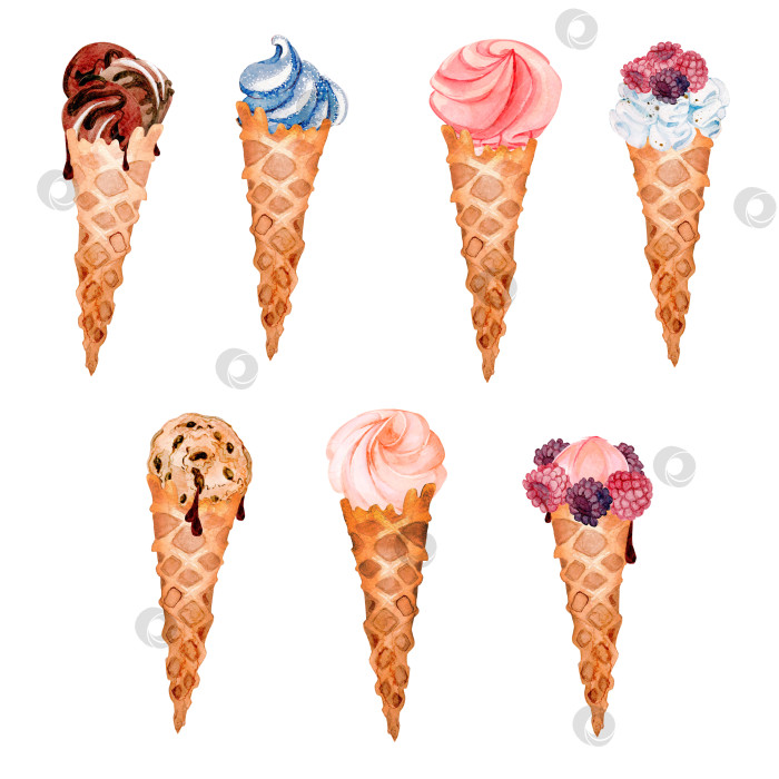 Скачать Мороженое в вафельных рожках. Мороженое с разными вкусами. фотосток Ozero