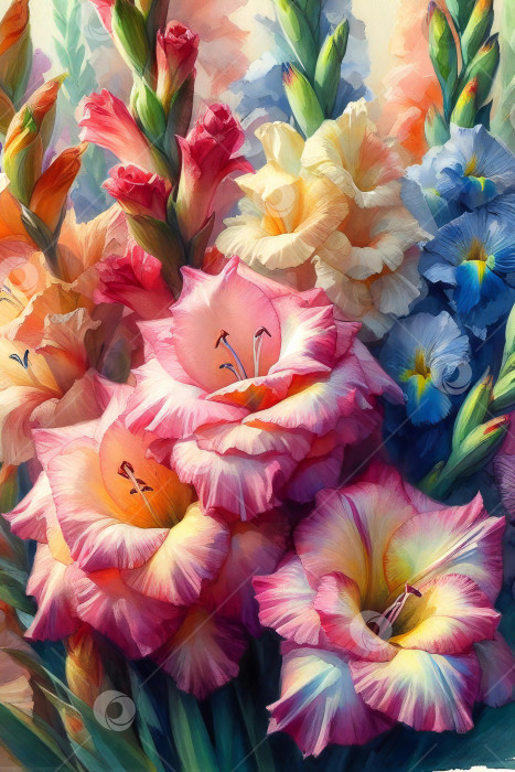 Скачать Красивые цветы ириса, выполненные акварелью. Современный художественный орнамент. фотосток Ozero