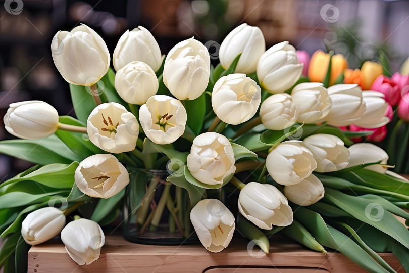 Скачать Белые букеты тюльпанов в цветочном магазине - свежесрезанные цветы в коробках и вазах на складе и стеллажах для продажи, доставка к празднику. Весна, 8 марта, женский день, день рождения. Искусственный интеллект сгенерировал фотосток Ozero
