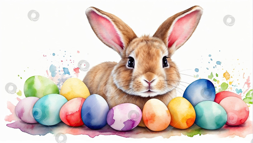 Скачать Акварельный милый пасхальный кролик с разноцветными яйцами и весенними цветами - это иллюстрация детского персонажа на белом фоне, традиционная праздничная открытка. Сгенерированная искусственным интеллектом фотосток Ozero