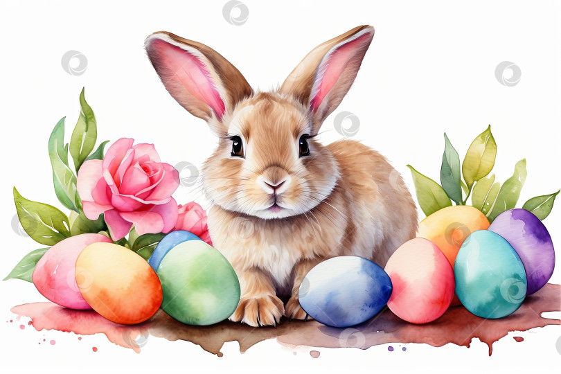 Скачать Акварельный милый пасхальный кролик с разноцветными яйцами и весенними цветами - это иллюстрация детского персонажа на белом фоне, традиционная праздничная открытка. Сгенерированная искусственным интеллектом фотосток Ozero