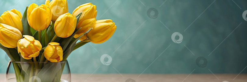 Скачать Букет желтых тюльпанов в вазе на столе на синем фоне с пробелом для копирования. Праздничная открытка на день рождения, 8 марта, весенний подарок. Сгенерированный искусственным интеллектом фотосток Ozero
