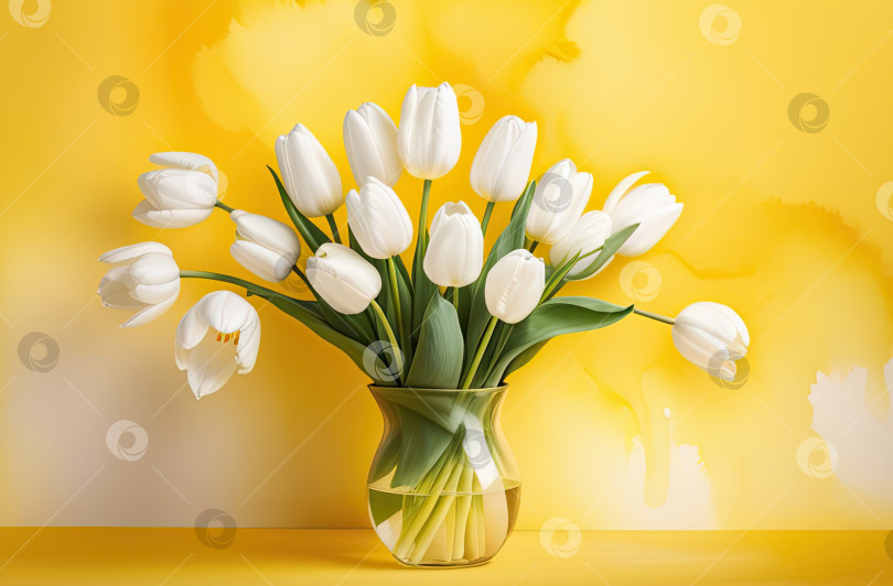 Скачать Букет белых тюльпанов на желтом однотонном фоне - праздничная открытка на день рождения, 8 марта, весенний подарок. Искусственный интеллект сгенерировал фотосток Ozero